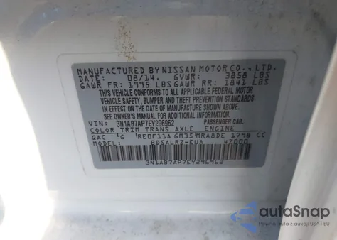 2014 Nissan Sentra Sr z USA, uszkodzony, nr VIN 3N1AB7AP7EY296962